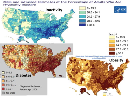 Maps depicting Inactivity, Obesity and Diabetes in 2008